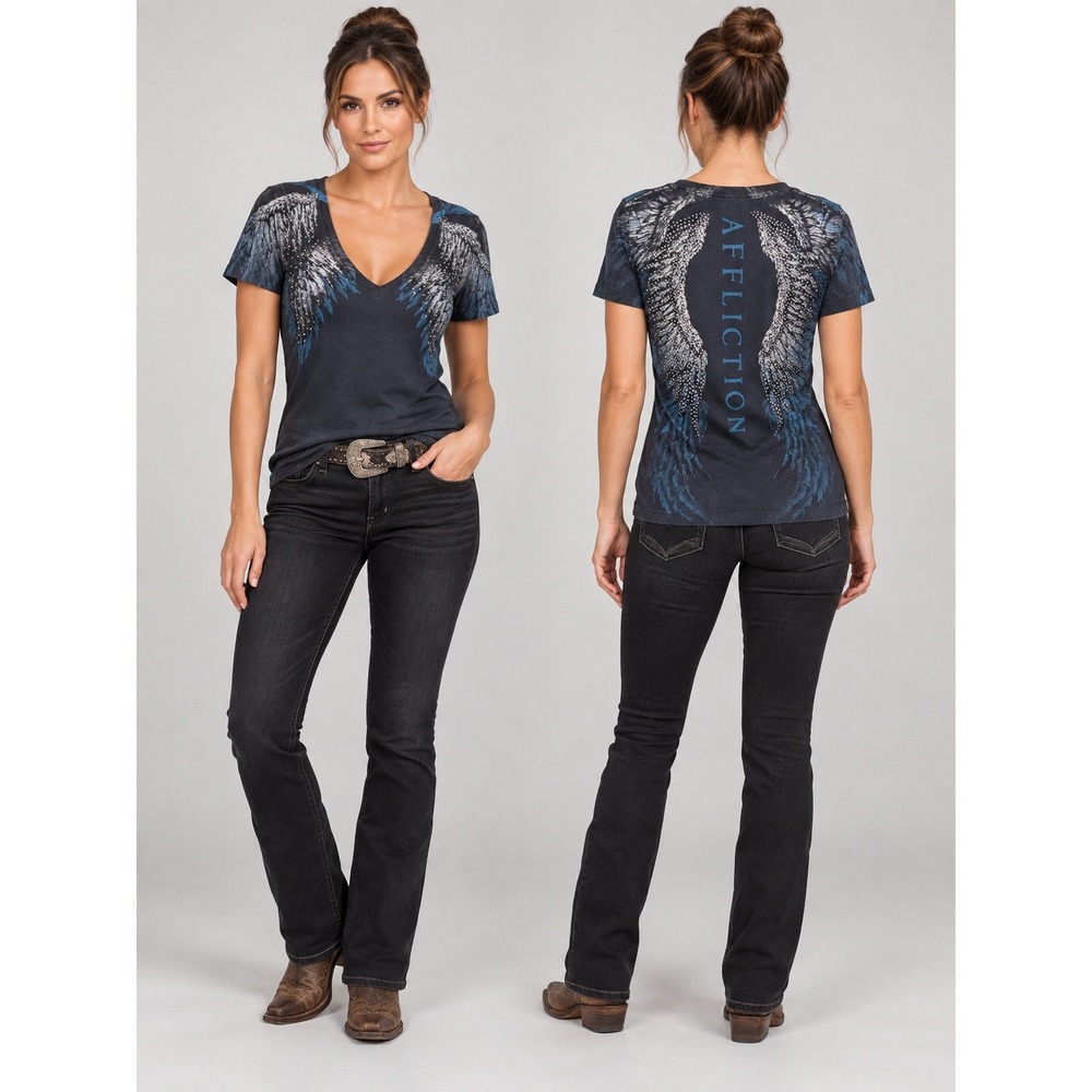 Grunge Western Affliction Angel Rhinestone Wings Gray V-Neck Graphic M T-Shirt